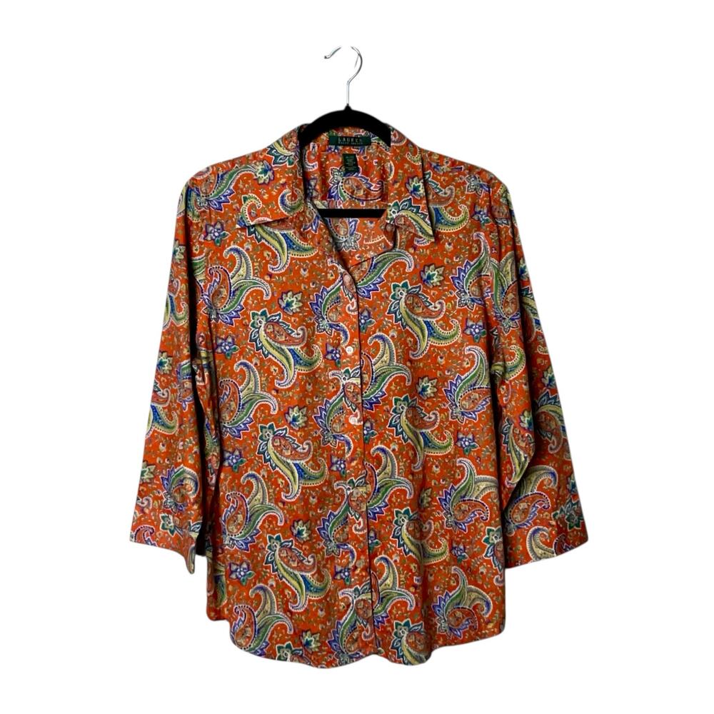Lauren Ralph Lauren Paisley Button Down Shirt Sze XL Orange Feminine Psychedelic